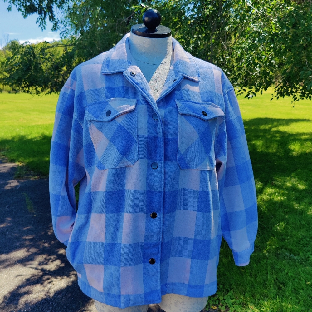HFX Oversized M Thick Flannel Pink White Blue Shirt Jacket Shacket